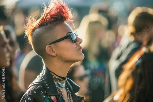 Woman with mohawk at rock festival