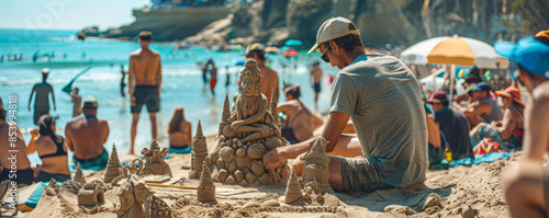 A street artist creating intricate sand sculptures on a crowded beach, drawing admiration from onlookers.