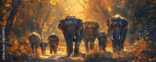 A family of elephants walking in a single file, their trunks swaying in rhythm.