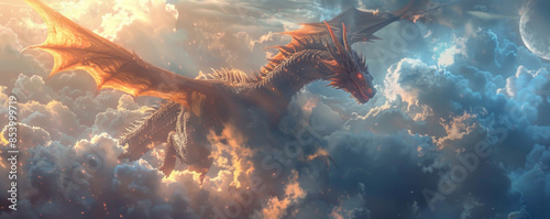 A photorealistic depiction of a majestic dragon soaring through the clouds, its scales shimmering in the sunlight.