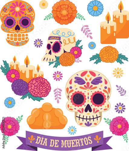 recursos día de muertos México como calaveritas, flor cempasúchil, velas y pan de muerto