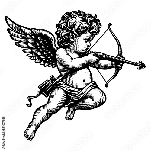 Cupid with Bow and Arrow engraving sketch PNG