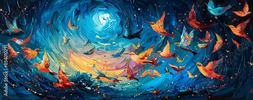 A Van Gogh-inspired painting of a vibrant flock of birds taking flight against a swirling, starry night sky.