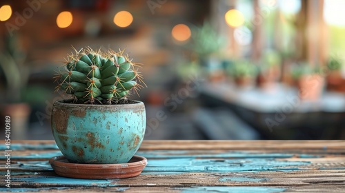A close-up shot of a small green cactus in a turquoise pot, sitting on a rustic wooden table. The background is blurred, showcasing a bright cafe-like setting.