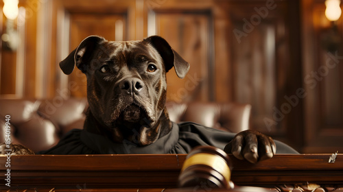 Canine judge presiding over a courtroom scene with a gavel and serious demeanor.