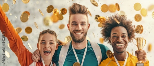 Happy athletes celebrating with gold medals and confetti. Group of winners smiling with pride and joy after a successful competition.