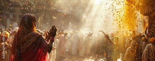 A Hindu Holi festival with people throwing colored powder and water at each other, celebrating the triumph of good over evil and the arrival of spring.