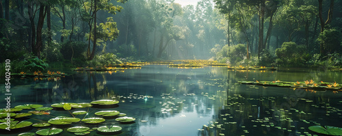A tranquil forest pond, with lily pads floating on its surface and frogs croaking in the distance.