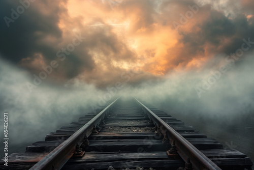 Dynamic composition featuring the railway disappearing into the clouds, creatively captured to convey a sense of adventure and exploration, creating a fabulous image in a photo