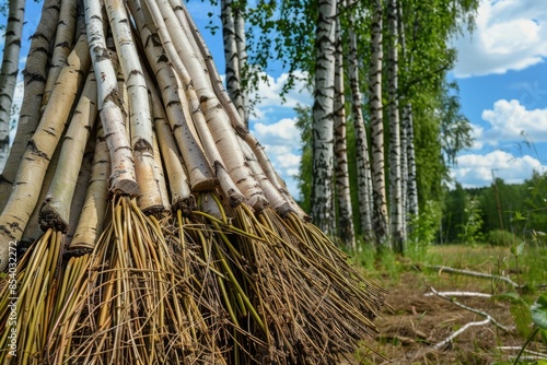 A bundle of sticks stands upright in a lush green meadow