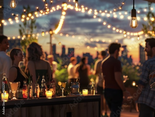 A CG 3D rendering of a rooftop summer party, people mingling with drinks, string lights overhead, urban skyline in the background, warm and lively ambiance