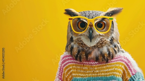 A wise old owl wearing glasses and a colorful sweater is looking at the camera with a curious expression.