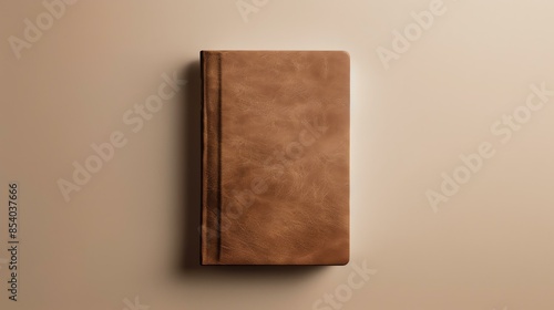 A rich brown leather book sits on a beige background. The book is closed and the spine is facing the viewer.