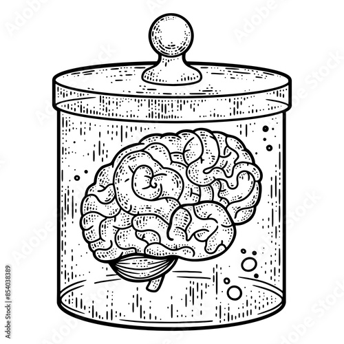 human brain in jar of formalin sketch engraving PNG illustration. T-shirt apparel print design. Scratch board imitation. Black and white hand drawn image.