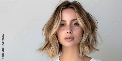 Modern lob with textured waves and subtle highlights chic and stylish. Concept Chic Summer Lob, Textured Waves, Subtle Highlights, Modern Hairstyle