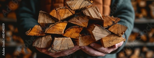  Person stands before woodpile and logs background