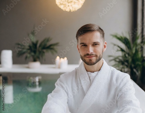 Przystojny mężczyzna w szlafroku w salonie piękności spa