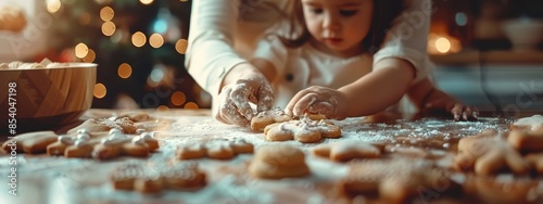  A young girl makes cookies at a table, surrounded by a bowl of icing Christmas tree decorations visible in the background