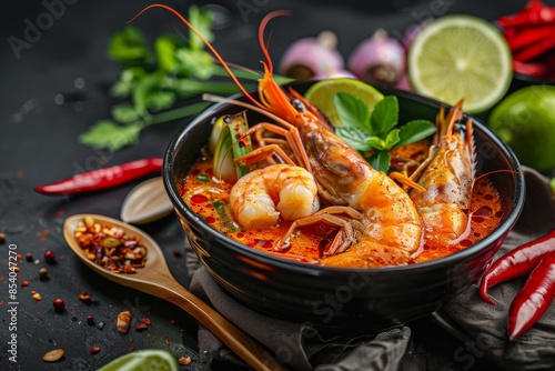 Tom Yum, Traditional Red Sour Thai Soup, Hot Chili Tom Yam with Squid, Shrimps, Red Peppers
