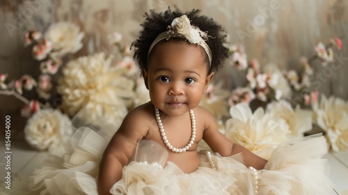 Baby girl in a tutu and pearl necklace, sitting amidst a set of elegant studio props