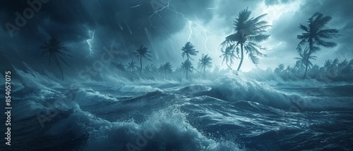 Intense hurricane impact with palm trees struggling against powerful winds and dark, churning waters 8K , high-resolution, ultra HD,up32K HD