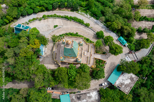 Aerial view of temple located on top of mountain in Thailand.