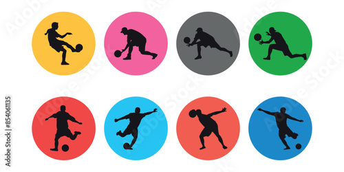 Collection of colored icons with silhouettes of kickball players