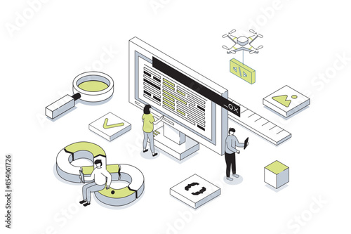 DevOps 3d isometric concept in outline isometry design for web. People communicating in team and collaborating in agile teamwork processes for programming products and support. Vector illustration.