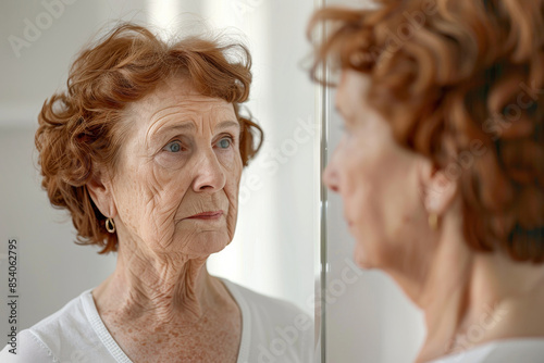 an Elderly Caucasian Woman Reciting Affirmations: An elderly Caucasian woman standing before a mirror, reciting positive affirmations with a confident and determined expression, as she starts her day