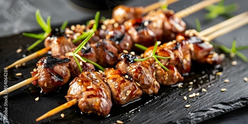 Grilled yakitori skewers with chicken beef vegetables and sweetsavory tare sauce. Concept Chicken Yakitori, Beef Skewers, Vegetable Skewers, Tare Sauce, Sweet-Savory Yakitori