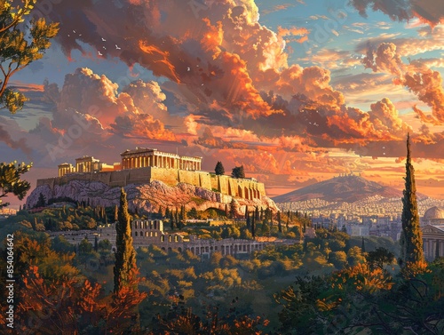 The Acropolis at Sunset - Scenic View of Ancient Greek Ruins in Golden Light