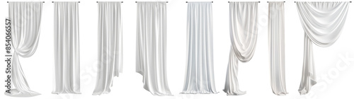 Bundle of white sheer curtains with different drapery, semi-transparent