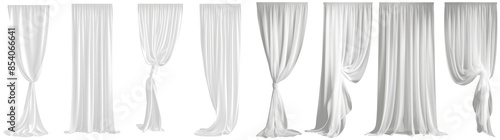 Elegant white sheer curtains bundle, different drapery styles, semi-transparent