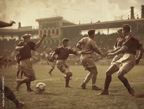 An old-fashioned sepia toned soccer match photographthe 1920s.