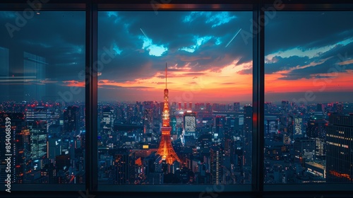 A view of Tokyos skyline at sunset from a window. The Tokyo Tower is in the center of the image, with the city lights and buildings spread out around it. The sky is a mix of blue, orange, and pink.