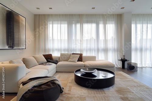 A modern living room with an oversized white sofa, round footstool and black coffee table on top of beige rug, large windows with sheer curtains, wall art above the couch Generative AI