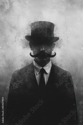 monochrome vintage portrait of a man with a bowler hat and a mustache, minimalist surreal style