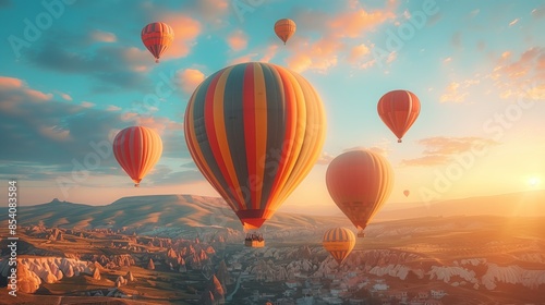 A breathtaking view of colorful hot air balloons floating above the unique rock formations of Cappadocia, Turkey, at sunrise.