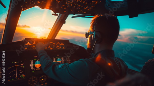 Pilot in a cockpit performing pre-flight checks before takeoff