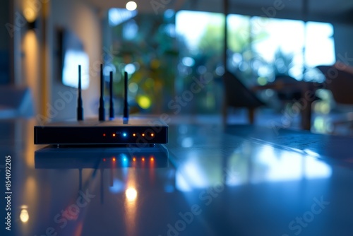 A close-up photo of a wireless router with its antennas extended, sitting on a sleek glass table, reflecting the ambient lighting of a modern living room