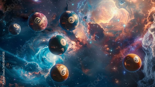 Billiard balls in triangle in space, fantastic futuristic concept