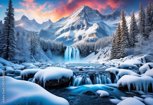majestic snowy mountain peaks frozen waterfall cascading winter landscape view, icy, cold, frosty, white, nature, scenery, frost, chill, scenic, wilderness, outdoors