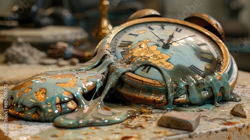 A vintage clock melting into a gooey, green substance. A surreal image of time passing and the inevitability of change.