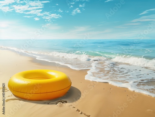 Yellow inflatable ring floating along sandy beach. Tropical sea coast. Summer vacation at the ocean.