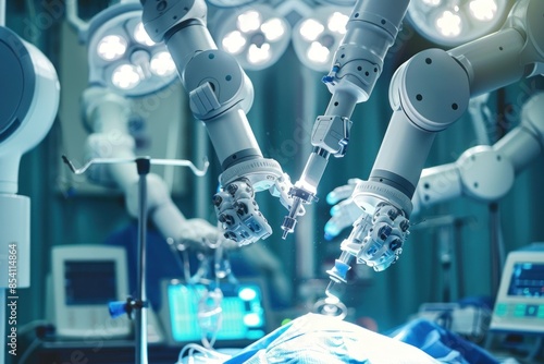 Advanced surgical robots equipped with precision tools perform a complex medical procedure in a high-tech operating room, demonstrating the integration of robotics in healthcare.