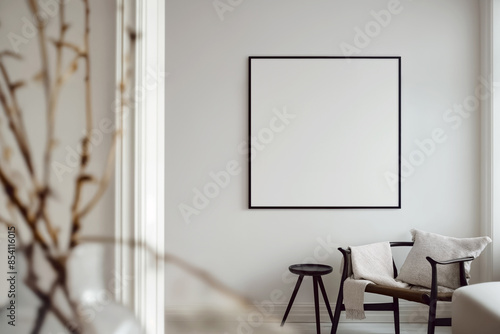 Mockup of frame for square poster in the living room interior. Minimalistic apartment design: Light gray interior with a poster frame. Laconic apartment design: light room with beige accents