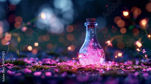 A small, cute glass bottle with a transparent colorful potion, glowing brightly, placed in an enchanting setting with a mysterious and magical atmosphere
