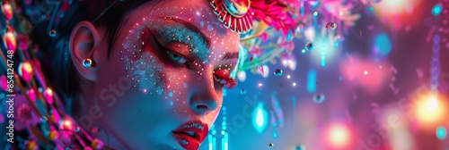 Exquisitely adorned figures with exaggerated makeup and headpieces set against a backdrop of glowing,buoyant forms in a lively,festive outdoor a captivating,surreal,and visually striking scene.