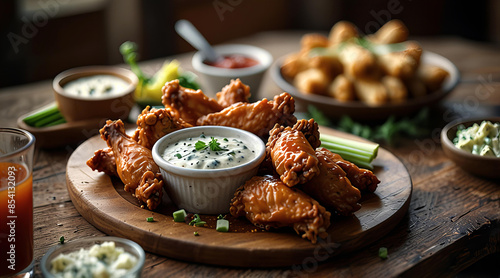 Chrupiące skrzydełka kurczaka z sosem ranch i selerem, zdjęcie produktu na stronie internetowej restauracji.