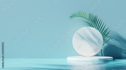 Minimalist empty podium for product presentation, set against a serene seascape, with a single palm leaf casting a shadow, waves gently lapping in the background, tranquil and inviting scene